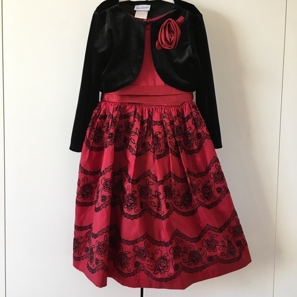 Jayne Copeland Little Girls Red Black 2-Pcs Holliday Dress with Cardigan Size 5 - Picture 1 of 16
